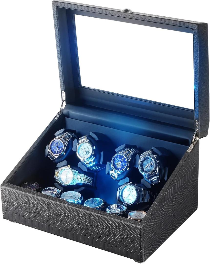 Isili Watch Winder for Automatic Watches, Luxury Watch Winders with LED Light, 6 Watch Winder + 6 Storage Case with Quiet Motor, Gift for Man & Woman (PU Snakeskin) (EXP 09/01/26)