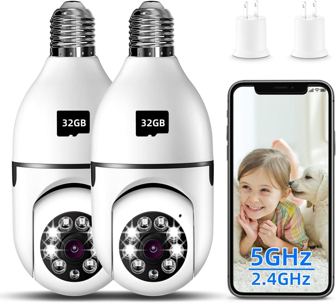 Light Bulb Security Camera, 2K Wireless Camera for Light Bulb Pet Camera, 360  PTZ Light Socket Security Camera with Motion Detection Auto Tracking (2Pack 5GHz & 2.4GHz with 32GB SD Card)