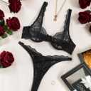 Lilosy Sexy Floral Lace Scallop Underwire Push Up Sheer Lingerie Set Outfits (Black, L)