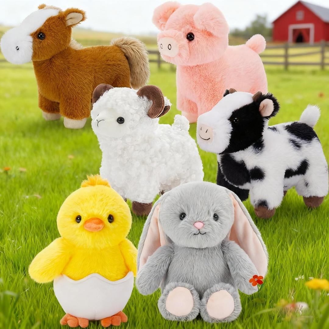 MaoGoLan 6-Pack Stuffed Farm Animal Bulk Plush Toys Set 10 Soft Stuffed Animals for Kids, Girls - Party Decor, Centerpieces & Pretend Play, Thanksgiving, Christmas, Easter Gifts