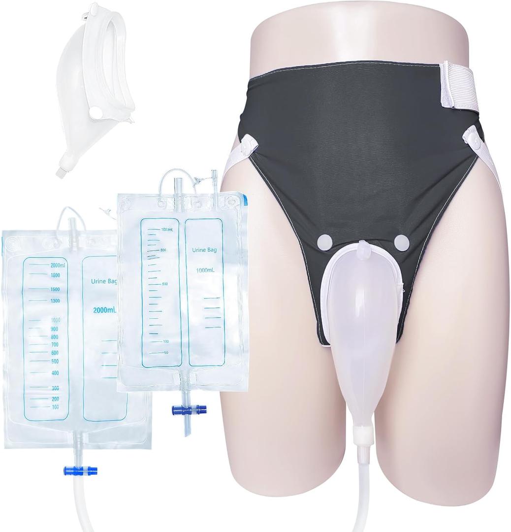 Wearable Urine Collector Set for Men with Breathable Cotton Fixing Pants, Silicone Urine Catching Cup, 1.2M Tube, 2000ml and 1000ml Urinary Bags, Elderly Men Grey