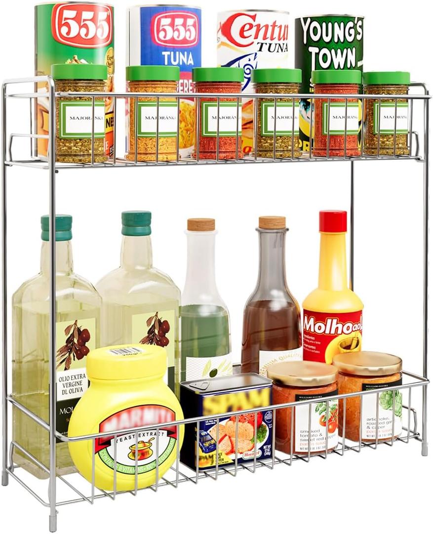 YQh Double - Layer Spice Rack Organizer, Stainless Steel Kitchen Countertop Storage Shelf, Upright Condiment Holder (Suitable for Bottles, Jars, Canned Goods)