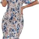 PRETTYGARDEN Bodycon Midi Dresses 2025 Summer Floral Puff Sleeve Mermaid Cocktail Baby Shower Photoshoot Maternity Dress (XX-Large, Floral White Blue)