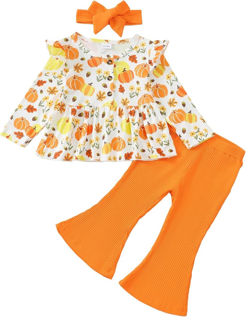 Toddler Baby Girl Clothes Fall/Winter Girls Outfits Ruffle Long Sleeve Tops Floral Flared Pants Girls' Clothing Sets (Orange)