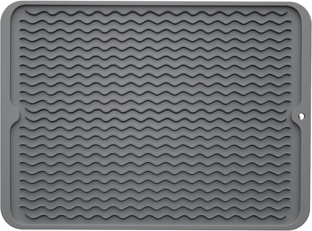 ZLR Silicone Dish Drying Mat for Kitchen Counter, Eco-Friendly Fast Dry Dish Mat, Easy Clean Multi Usage Drying Matt, Heat Resistant Trivet, 12" x 16" Large, Dark Gray