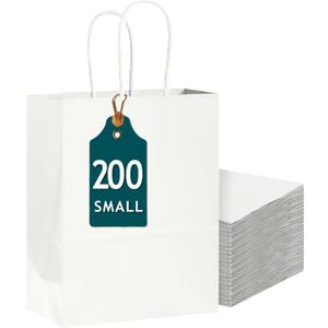 Bakepacker 200-Pack Small Size Gift Paper Bags with Handles Bulk 8.3"x6"x3.22" White Party Kraft Shopping Bags