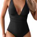 Eomenie Women's One Piece Swimsuit Tummy Control Bathing Suit V Neck Slimming 1 Piece Swimwear (XX-Large, Black)