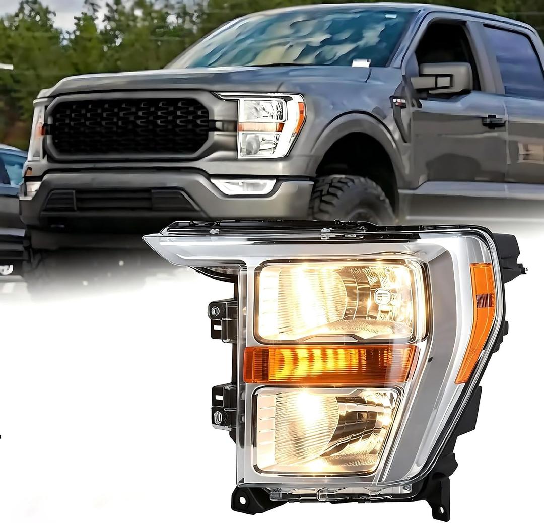Halogen OEM Style Chrome Bezel Headlight Assembly Compatible with 2021-2023 Ford F150 F-150 XL/XLT Left Driver Side ML3Z-13008-K FO2503409