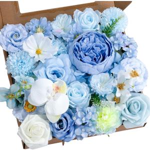 Artificial Flowers Combo Baby Blue Flowers Mix Roses Peonies Hydrangea Orchids Poppy Daisy with Floral Stems for Wedding Bridal Bouquets Baby Shower Floral Arrangement Table Centerpieces Home Decor