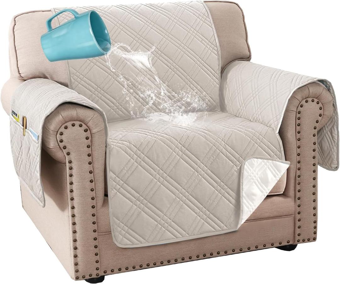 H.VERSAILTEX 100% Waterproof Slipcover Chair Covers Modern Sofa Chair Covers Stay in Place Furniture Protector with Elastic Straps (Chair, French Oak/Beige)