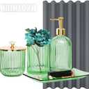 Green Bathroom Accessories and Shower Curtains Set, 4PCS Glass Bathroom Set Complete of Soap Dispenser, Toothbrush Holder, Apothecary Jar, Vanity Tray, Decorative Dorm Home Decor and Housewarming Gift