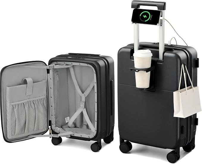 Hanke 24 Inch Expandable Carry On Luggage 22x14x9 Airline Approved Top Opening Hard Shell Suitcase with Cup Holder, USB Ports, Spinner Wheels, TSA Lock, Jet Black