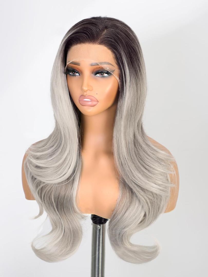 Cuiud Ombre Gray Brown Lace Front Wig 13×4 Pre Plucked Ash Gray with Blonde Synthetic Lace Front Wigs for Women 26Inch Glueless Wigs for Beginner Daily Use Beginner Friendly