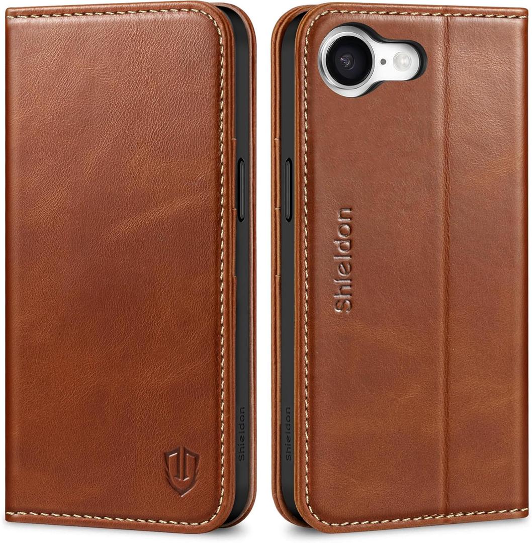 SHIELDON Case for iPhone 16e 6.1", Genuine Leather Wallet Magnetic Cover RFID Blocking Card Slot Kickstand Shock-Absorbent TPU Phone Holder Case Compatible with iPhone 16e 2025 5G - Retro Brown