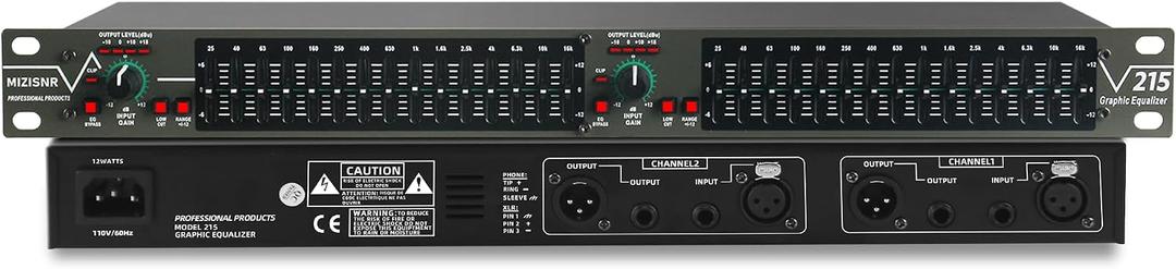 Graphic Equalizer 15-Band Stereo EQ for Home Audio, Dual Channel Professional DJ Equalizer, Noise Reduction 1U Rack Mount (EQ-215)