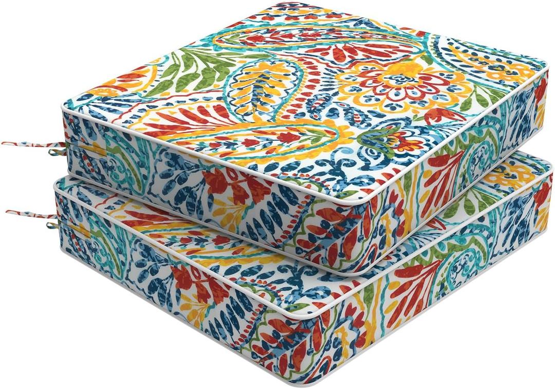 Set of 2 Outdoor Chair Cushions 20 x 20 x 4, Water Repellent Patio Seat Cushion with Removable Cover, All Weather Thick Chair Cushion for WickerSofaPatio Furniture, Paisley Multi