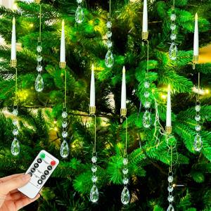 Thyle 12 Pack Christmas Tree Candles with Remote Timer Christmas Tree LED Candles with Crystal Xmas Crystal Drop Pendants Ornaments for Home Xmas Flickering Flameless Party Decor (Clear,Classic)