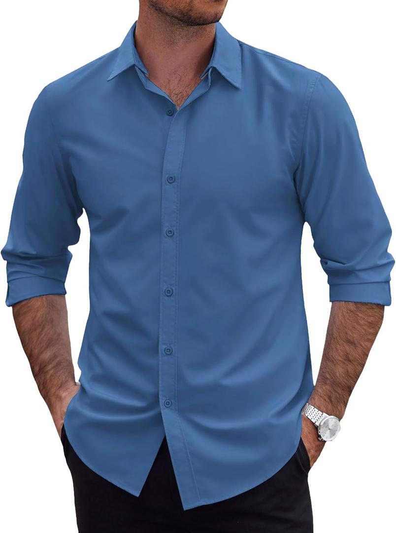 COOFANDY Mens 2-in-1 Dress Shirts Detachable Collar Long Sleeve Wrinkle Free Shirt Business Casual Button Down Shirt (XX-Large, Navy Blue)