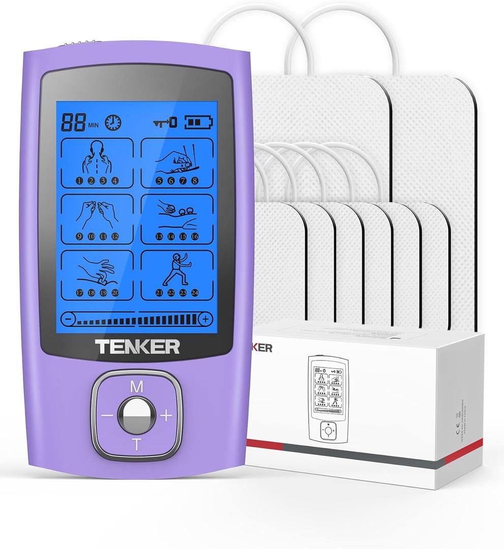 TENKER TENS Unit Muscle Stimulator, 24 Modes TENS EMS Machine for Pain Relief Therapy/Pain Management, Rechargeable Electronic Pulse Massager with 2"x2" and 2"x4" TENS Unit Electrode Pads