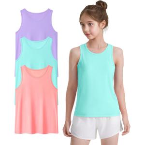 Auranso Girls Athletic Tank Tops 3 Pack UPF 50+ Racerback Sleeveless Quick Dry Sports Dance Workout Tops (7-8 Years, Purple-light Blue-pink)
