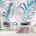 WFBHUA-Pink and Green Palm Leaf Wallpaper Large Self Adhesive Mural for Girls' Rooms 82"x57"