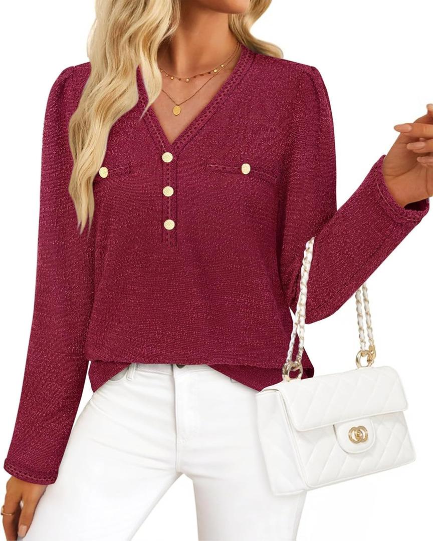 Triratna Long Sleeve Shirts for Women Dressy Button Front Tweed Blouses Business Casual Winter Tunic Tops Office Work (M)