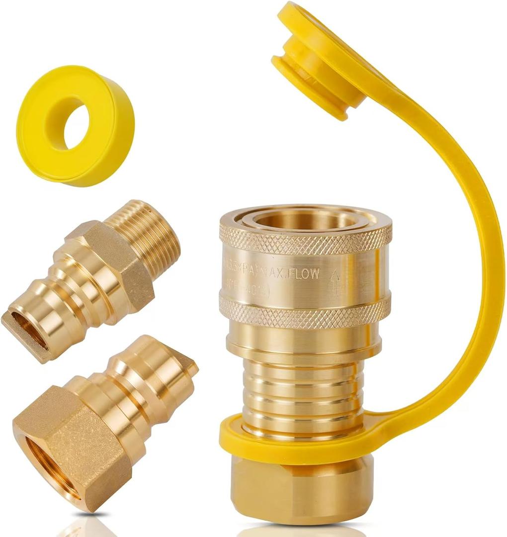 3/4'' Natural Gas Quick Connect Fittings - 4 PCS Solid Brass Propane Quick Connect Fitting with Sealed Connection for Gas Grill, RV, Fire Pit, Heater, Generator