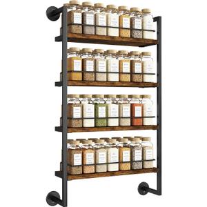 IBUYKE Spice Rack Wall Mount,4 Tier Hanging Seasoning Organizer,Large Spice Rack for Wall for up to 50 Jars,Spice Organization for Kitchen Cabinet,Bathroom,Pantry,Living Room,Brown TLJ016H