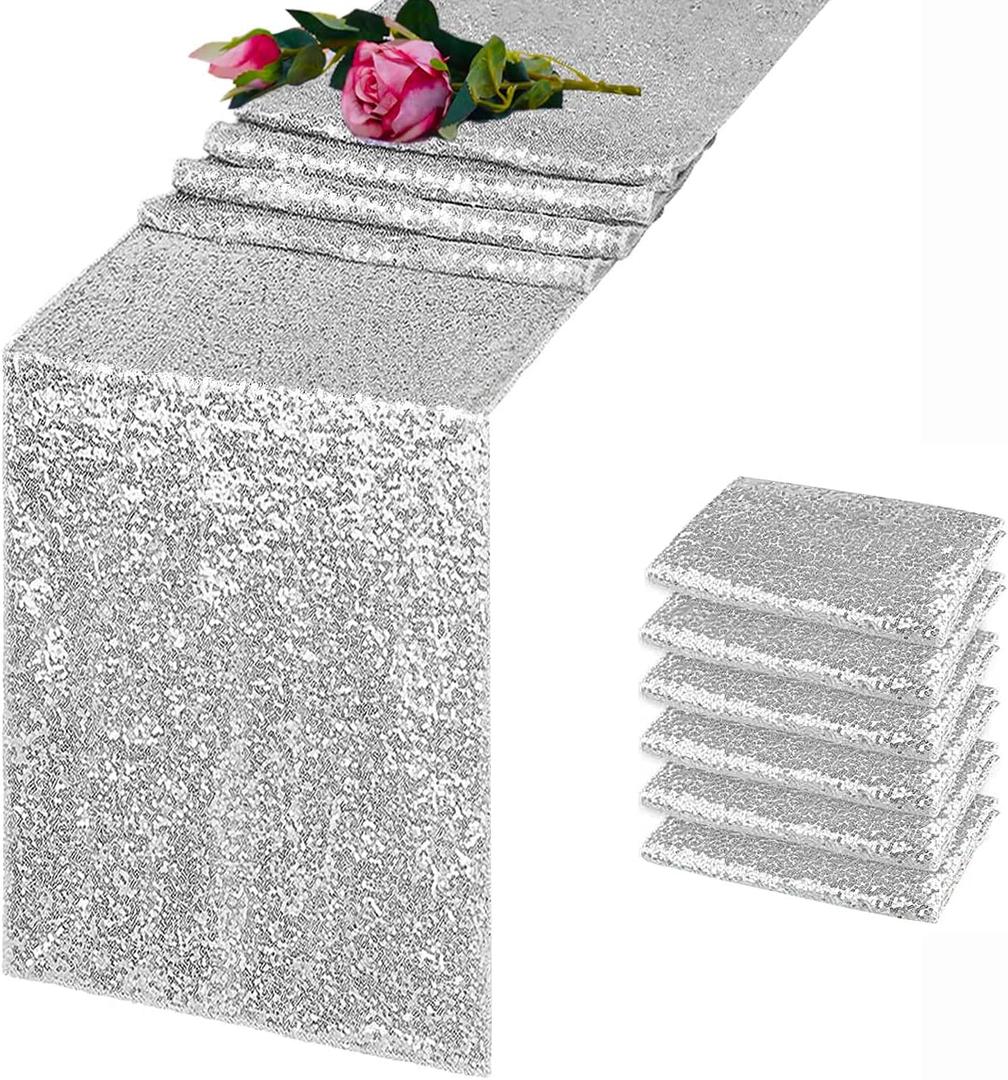 6 Pack Silver Sequin Table Runner 12x108 Inch, High Density Sparkly Glitter Table Runners for Wedding Reception, Birthday Party, Banquet, Baby Shower, Silver Metallic Shimmering Decor