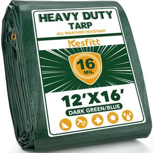 Kesfitt 16 Mil Heavy Duty Waterproof Tarp with Metal Grommets, Dark Green & Blue Reversible Poly Tarp, 12x16 ft, for Outdoor Protection, Yard, Garden, Farm, Camping & Equipment Coverage