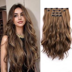 XIXISNOW Hair Extensions Clip ins 22 Inch Long Wavy Synthetic Invisible Curly Clip in Extension 4PCS Soft and Natural Hairpieces for Women Daily Wear Balayage Dark Brown mix Chestnut