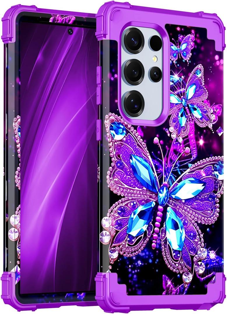 Miqala for Galaxy S25 Ultra 5G Case, Glow in The Dark Three Layer Heavy Duty Shockproof Full Protection Hard Plastic Bumper+Soft Silicone Protective Case for Samsung Galaxy S25 Ultra 6.9 inch, Dark (Amaranth Dark Butterfly)