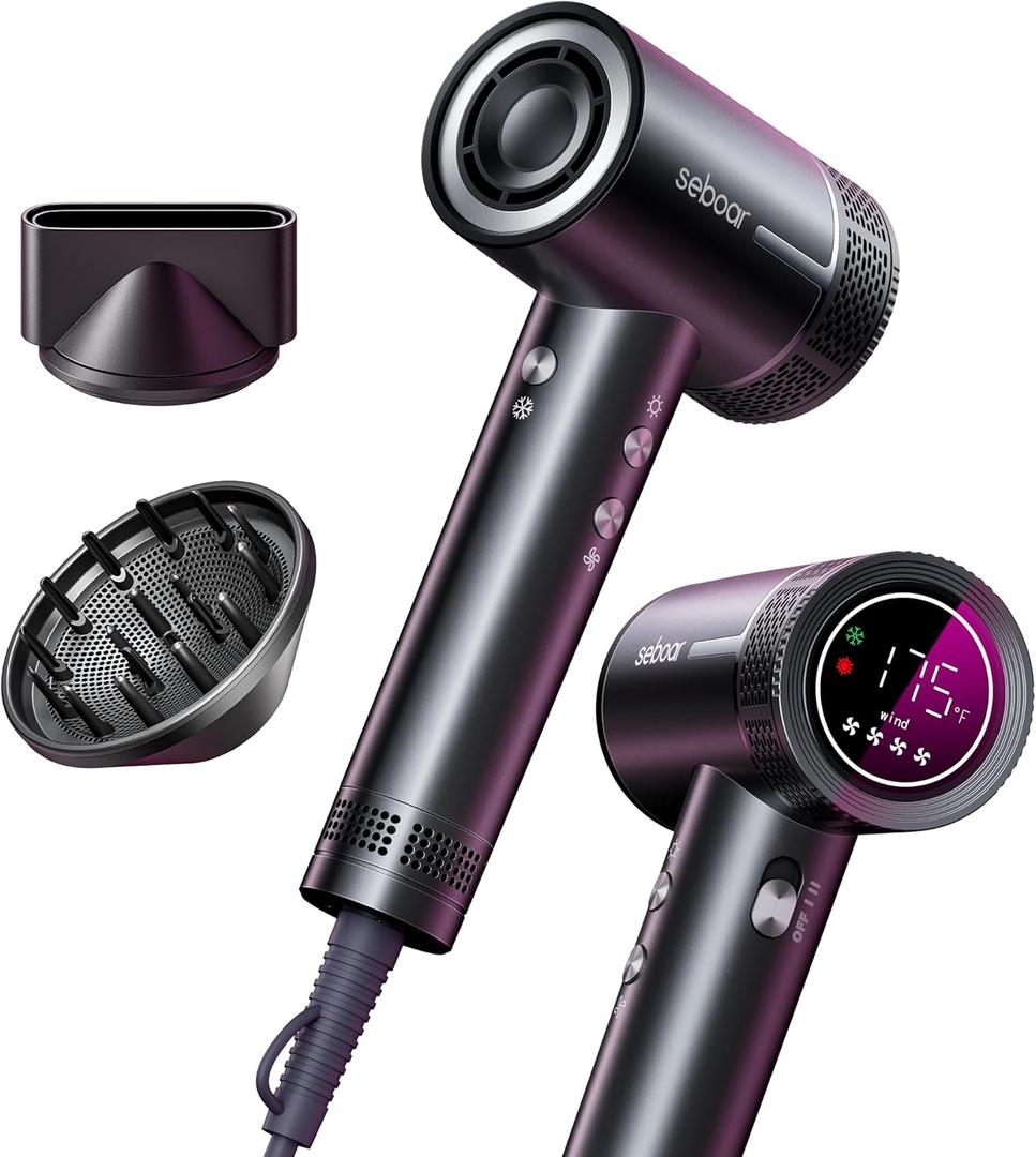 High-Speed Ionic Hair Dryer with Diffuser, Professional LCD Display Thermo-Control Blow Dryer, 1500W Fast Dry, 500 Million Negative Hairdryer, Low Noise, Lightweight for Travel Home Salon (Silver Gray)