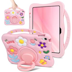 for iPad (A16) 11th Generation Case 11 Inch 2025 for iPad 10th Generation Case for Kids Girls 10.9 Inch Soft Silicone Flower Shockproof Protective Cover with Pencil Holder Handle Kickstand, Pink