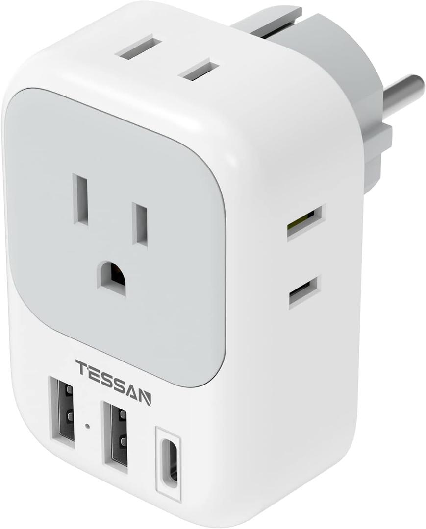 TESSAN Type E F Plug Adapter, Germany France Power Adapter with 3 USB Ports(1 USB C), 4 AC Outlets Travel Adaptor for US to Europe EU Spain Iceland Korea Greece Russia German French