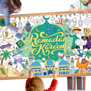 HOWAF Ramadan Mubarak Coloring Poster with 24 (12 Colors) Paint Pens, Eid Mubarak Coloring Poster Banner for Eid Party Decoration Supplies, Ramadan Kareem Party Decor Table Cover Banner