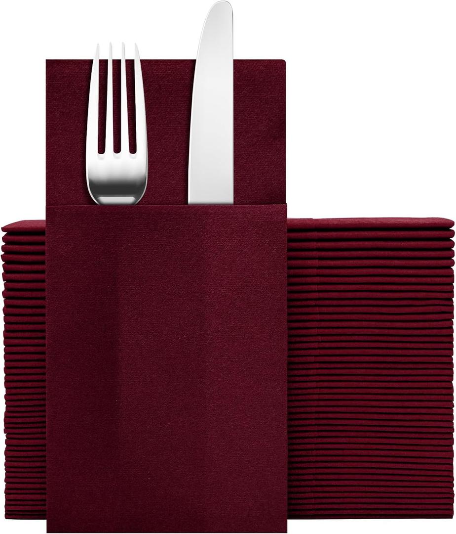 Dark Burgundy Napkins Hand Towels Disposable, Linen Feel Dinner Napkins with Prefolded Built-in Flatware Pocket, Guest Paper Hand Towels For Wedding, Dinner Or Party (16x16in, 50Pack