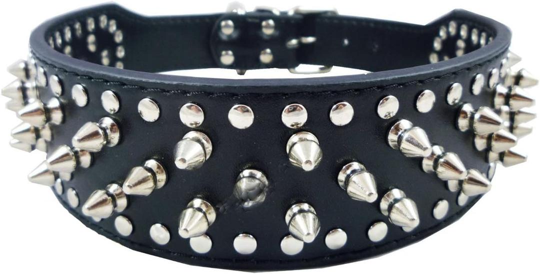 Dogs Kingdom Faux Leather Spiked Studded Dog Collar pet Collar Pitbull, Boxer Black L