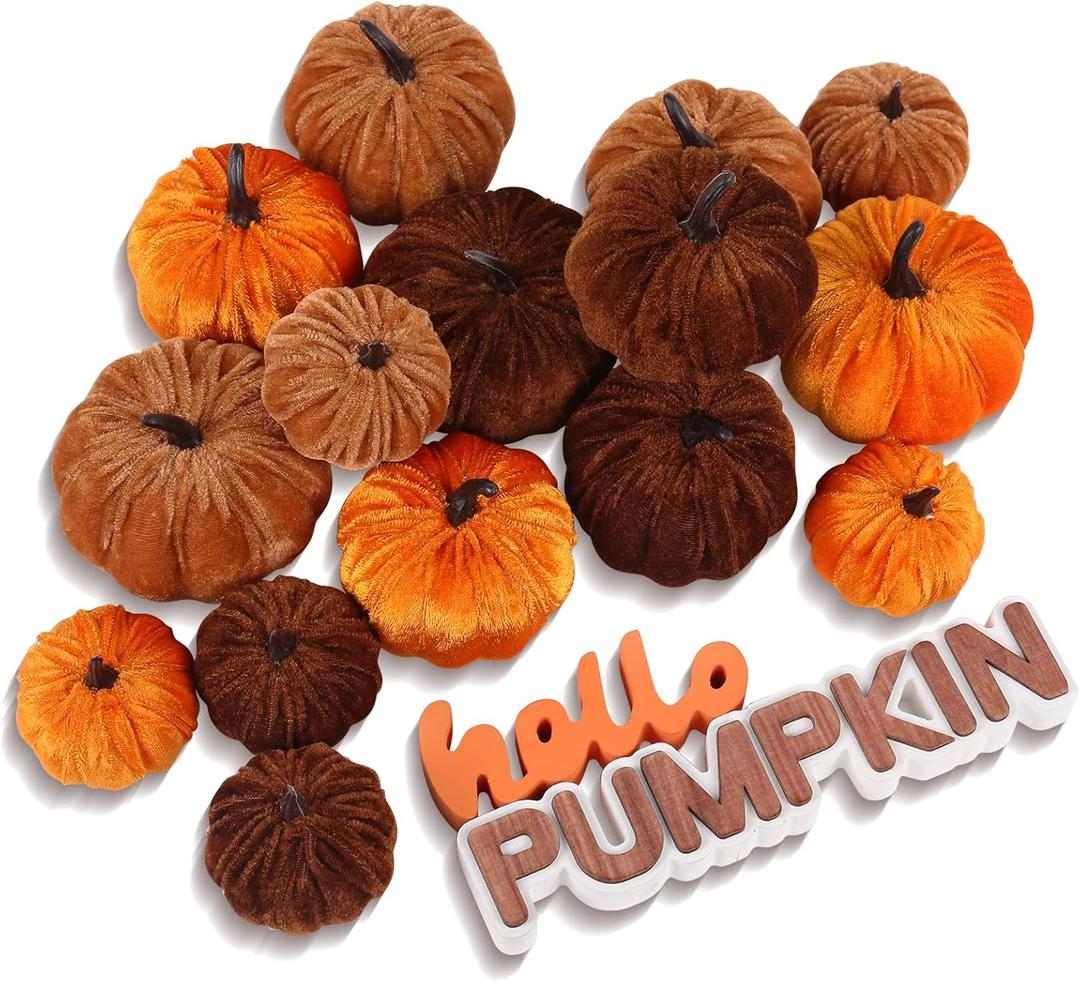 17 Pack Fall Artificial Velvet Pumpkins Decorations, Foam Faux Flocked Pumpkin Including Wooden Hello Pumpkins Sign, for Home Autumn Harvest Theme Party Halloween Thanksgiving Table Decor. (Orange/Coffee/Dark Brown)