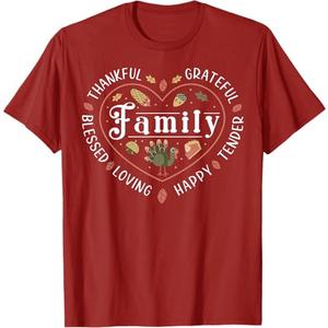 Blessed Thankful Family Thanksgiving T-Shirt, Color: Cranberry Red, M