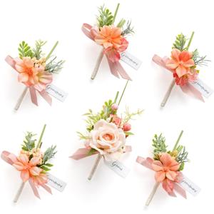 Ling's moment Boutonniere for Men, 6pcs Groom Groomsmen Boutonniere, Artificial Flowers for Wedding Decor/Prom/Homecoming, etc.Blush Garden Pink