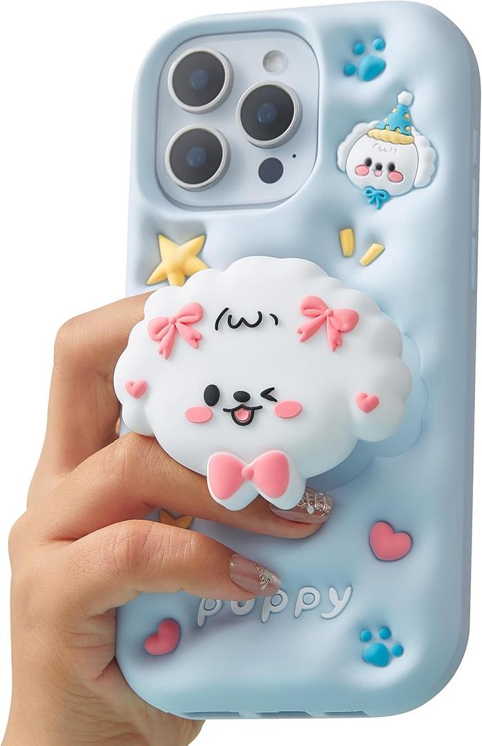 Kawaii 3D Dog Phone Case for iPhone 6 Plus/7 Plus/8 Plus (with Retractable Phone Stand & Grip) Cute Girly Cartoon Soft Silicone Phone Cover for Girls, Kids, Teens, and Women, Blue