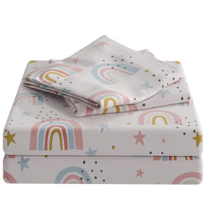 Yasida Kids Rainbow Bedding Girls Single Duvet Cover Set Pink Twin Bedding with Stars, Clouds & Moon Design For Kids/Teenager  Children's Room Decor