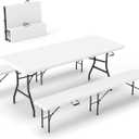 Real Relax 6' Picnic Table with 2 Benches, 3 Piece White Portable HDPE Folding Camping Table and Benches for Courtyard, Garden, Outdoor Leisure, Party