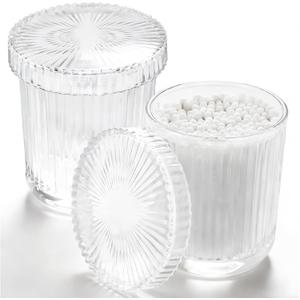Glass Qtip Dispenser 2 Pack, Clear Bathroom Storage Organizer for Cotton Swabs, Balls, Pads & Floss Picks, Vanity Makeup Essential Accessories (Clear)