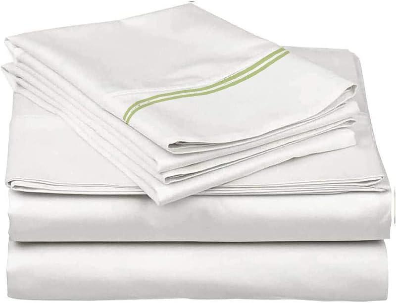 Mattress-Homes 4 Piece Bed Sheet Set Ultra-Luxurious 100% Long Staple Soft Cotton Sheets 16" Deep Twin Size Machine Washable Bedding, Twin Sheets Set White - Embroidery Sage