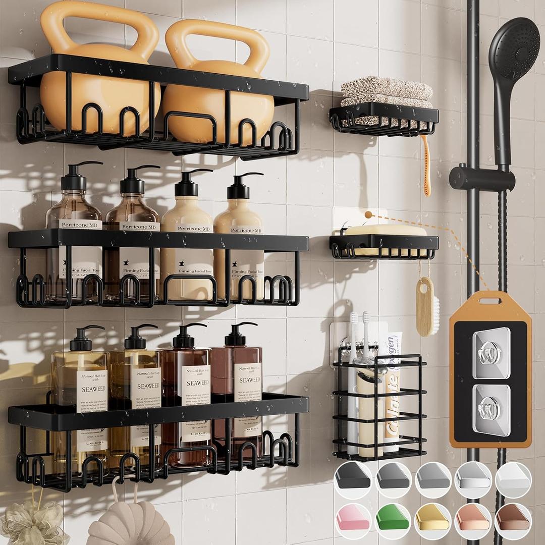 Veken Rustproof & Waterproof Shower Caddy 6-Pack, No Drilling Adhesive Shelves Rack with Soap Holder, Large Capacity Bathroom Organizers and Storage, Wall-Mounted Kitchen & Home Decor (6-Piece Set, Black)