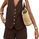 PRETTYGARDEN Women's Summer 2 Piece Outfits Sleeveless Matching Sets Button Down V Neck Vest Waistcoat and Pockets Shorts (Medium, Dark Coffee)