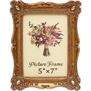 Vintage Picture Frame 5x7 Inch, Ornate Antique Photo Frames with Glass Front, Baroque Design, Tabletop & Wall Hanging, Photo Gallery, Gold