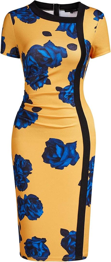 Viwenni Women Vintage Ruffle Business Colorblock Work Church Pencil Dress (Large, 11-blue Floral)